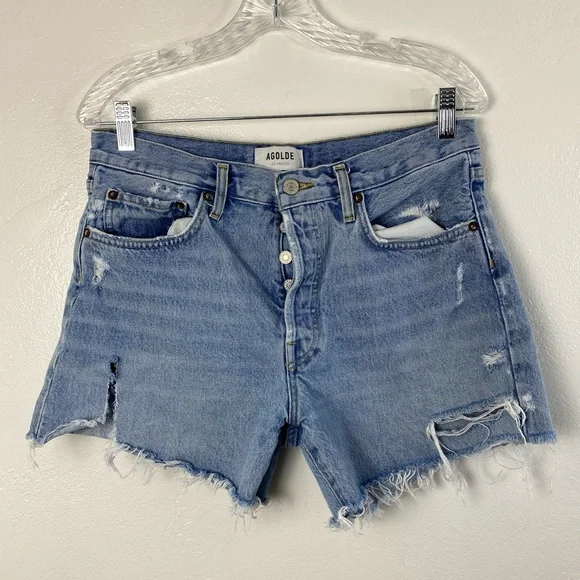 AGOLDE Parker Long Distressed Button Fly Blue Shorts Women’s size 28 - Picture 1 of 15